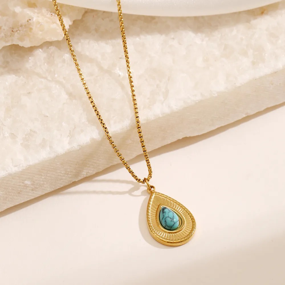 Simple Style Water Droplets Stainless Steel Inlay Turquoise 18K Gold Plated Necklace_colorza_5