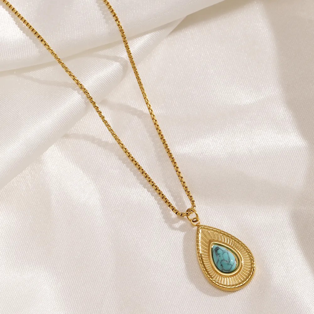 Simple Style Water Droplets Stainless Steel Inlay Turquoise 18K Gold Plated Necklace_colorza_6