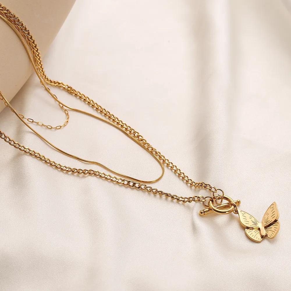 Simple Style Commute Butterfly Titanium Steel Layered Plating 18K Gold Plated Layered Necklaces_colorza_2