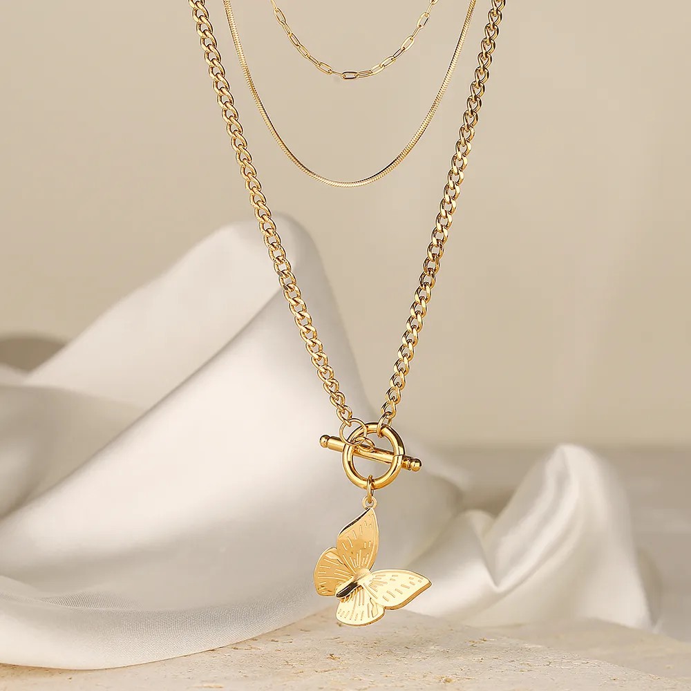 Simple Style Commute Butterfly Titanium Steel Layered Plating 18K Gold Plated Layered Necklaces_colorza_3