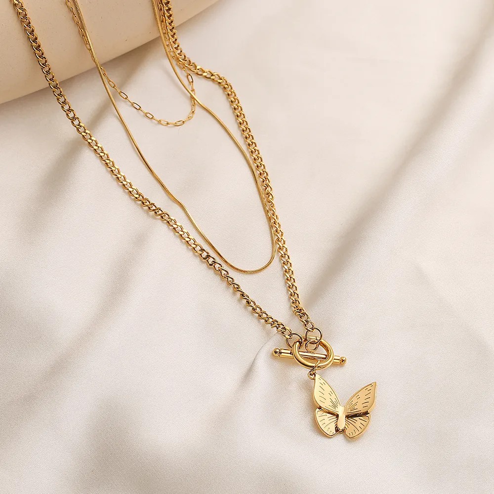 Simple Style Commute Butterfly Titanium Steel Layered Plating 18K Gold Plated Layered Necklaces_colorza_4