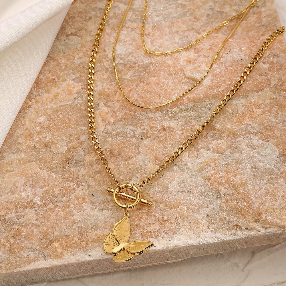 Simple Style Commute Butterfly Titanium Steel Layered Plating 18K Gold Plated Layered Necklaces_colorza_5