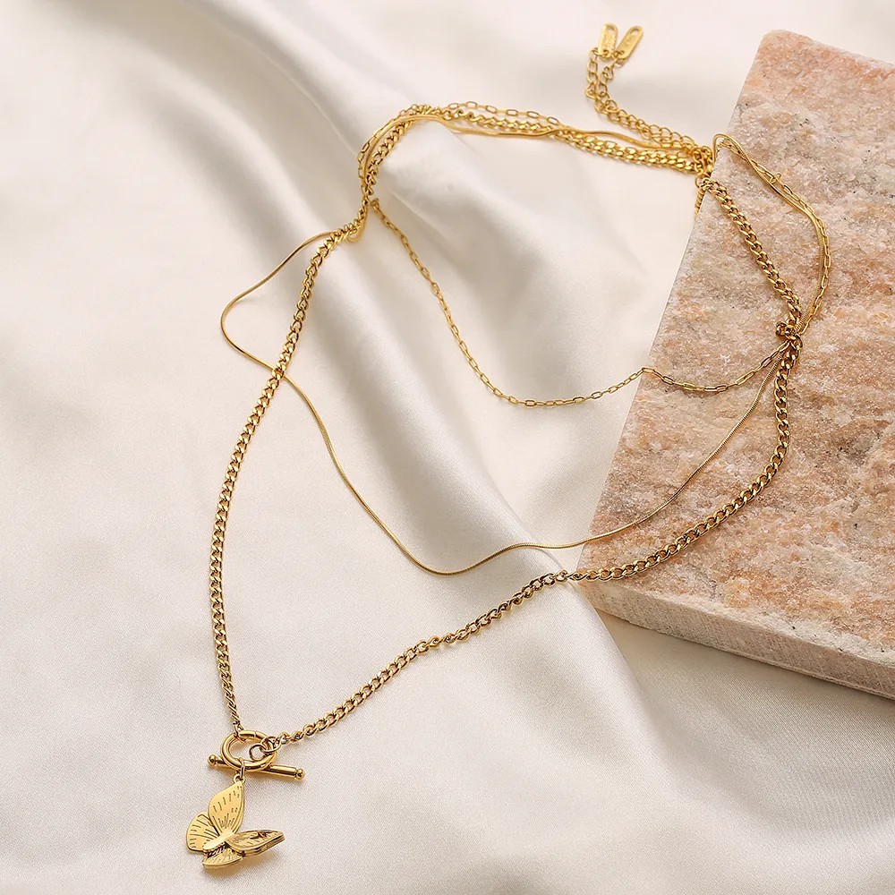 Simple Style Commute Butterfly Titanium Steel Layered Plating 18K Gold Plated Layered Necklaces_colorza_6