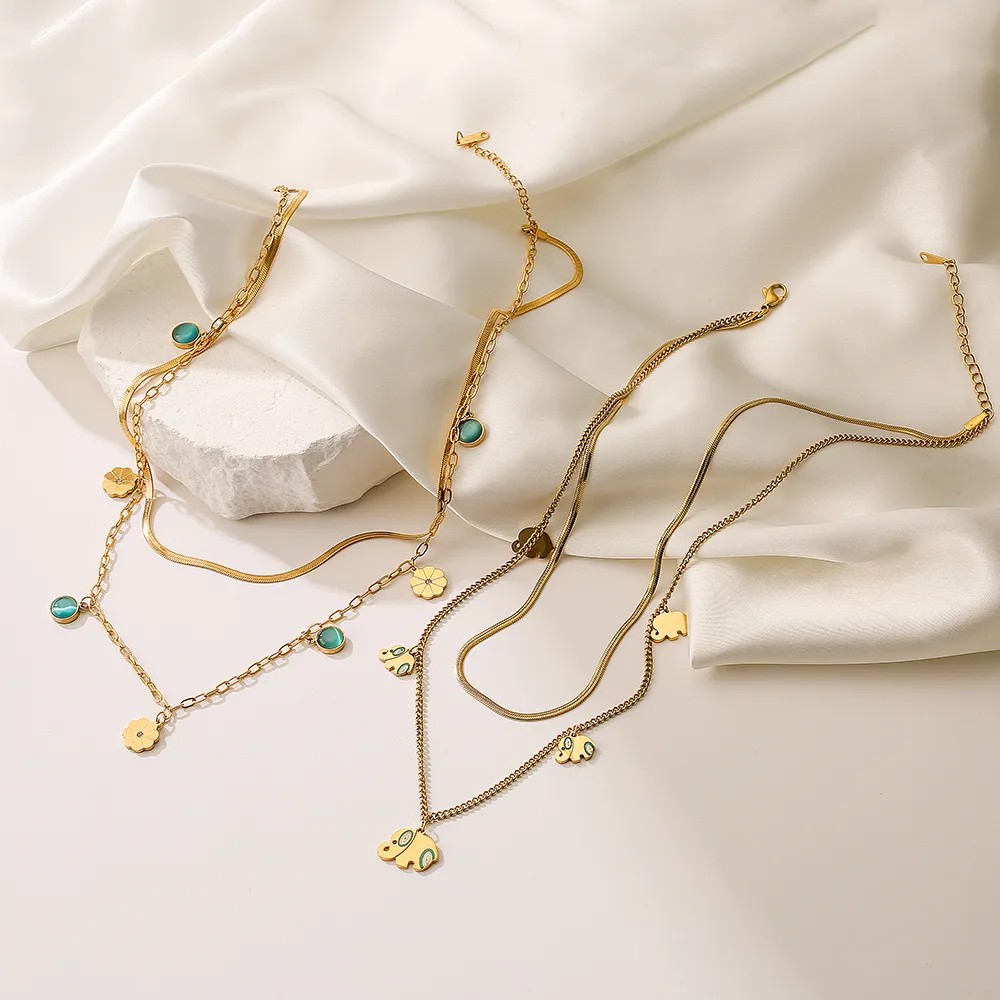 Simple Style Commute Round Titanium Steel Plating Inlay Turquoise 18K Gold Plated Pendant Necklace_colorza_3