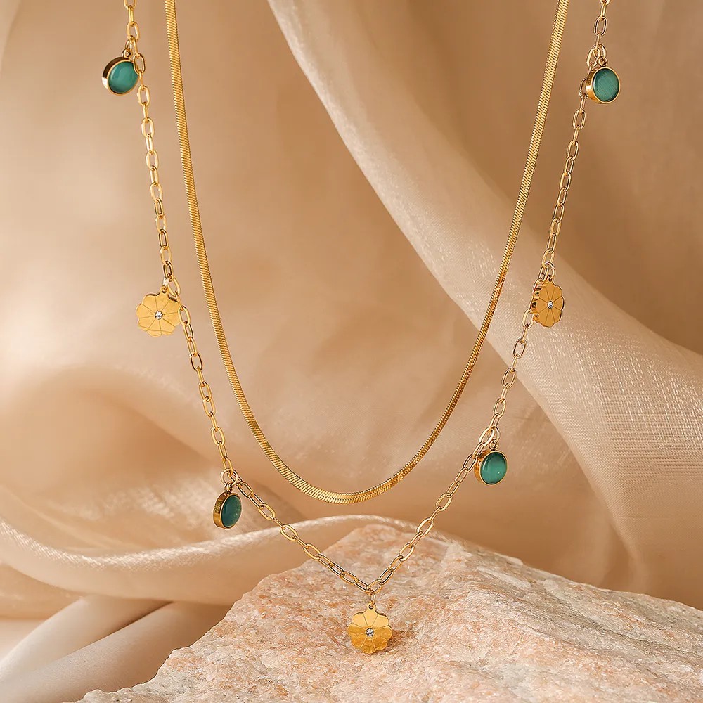 Simple Style Commute Round Titanium Steel Plating Inlay Turquoise 18K Gold Plated Pendant Necklace_colorza_5