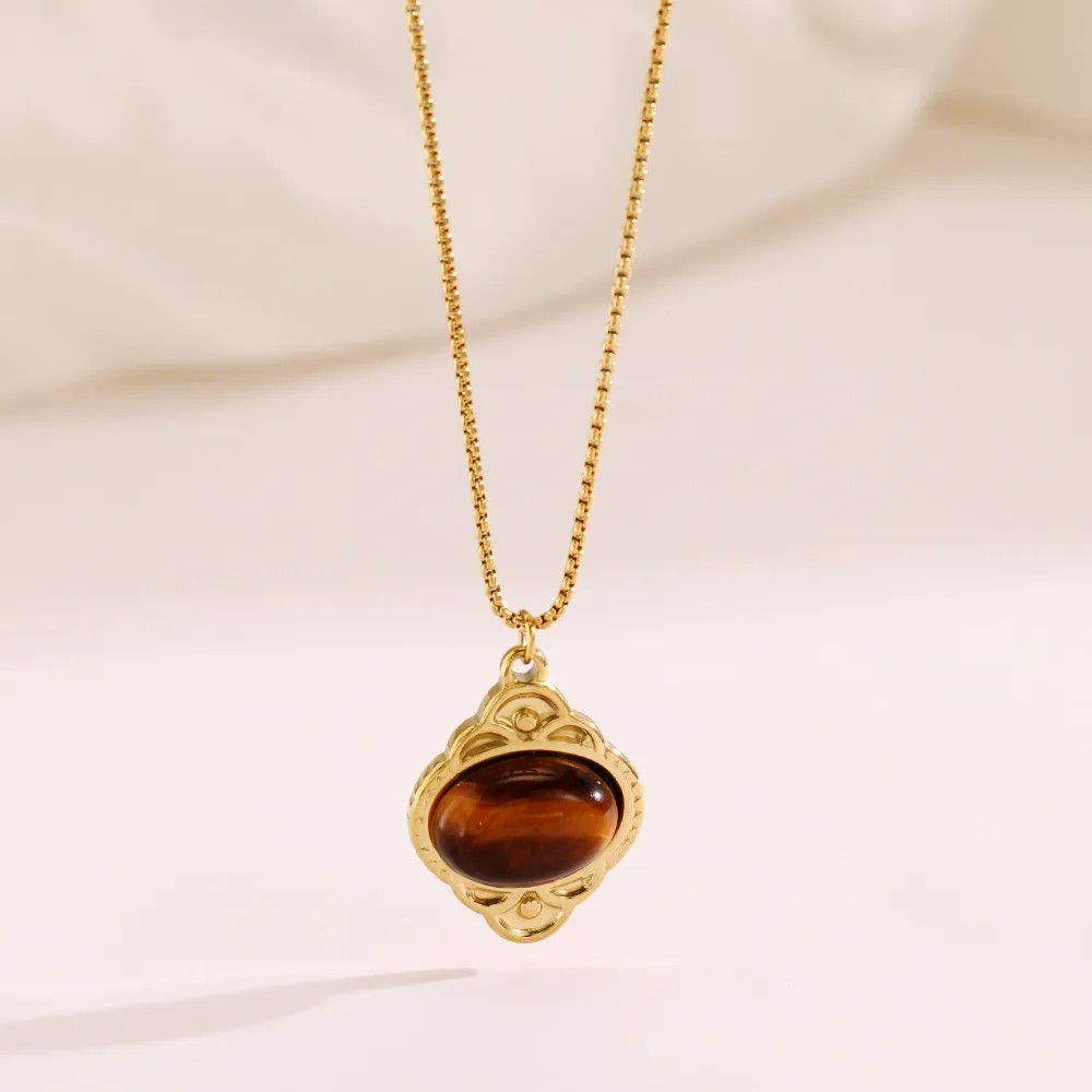 Casual Simple Style Oval Stainless Steel Plating Inlay Natural Stone 18K Gold Plated Pendant Necklace_colorza_4