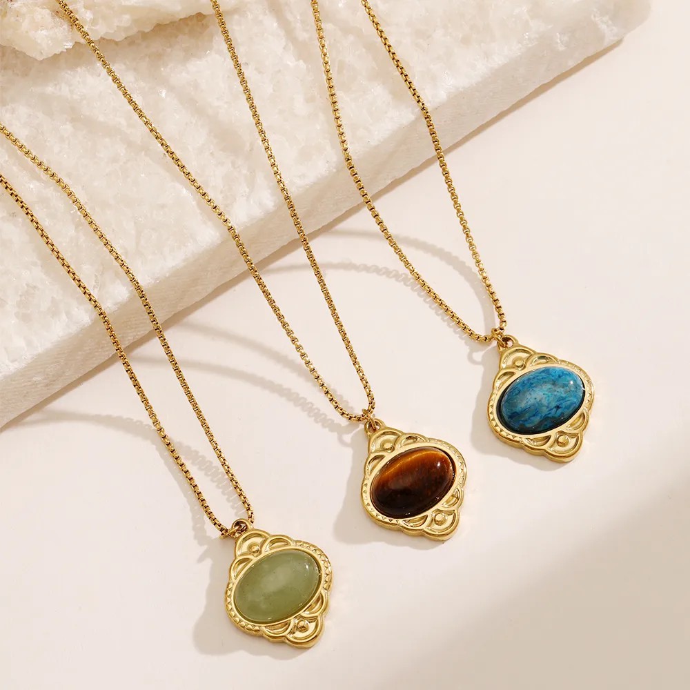 Casual Simple Style Oval Stainless Steel Plating Inlay Natural Stone 18K Gold Plated Pendant Necklace_colorza_5
