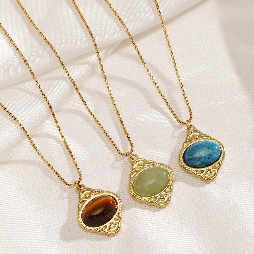 Casual Simple Style Oval Stainless Steel Plating Inlay Natural Stone 18K Gold Plated Pendant Necklace_colorza_7