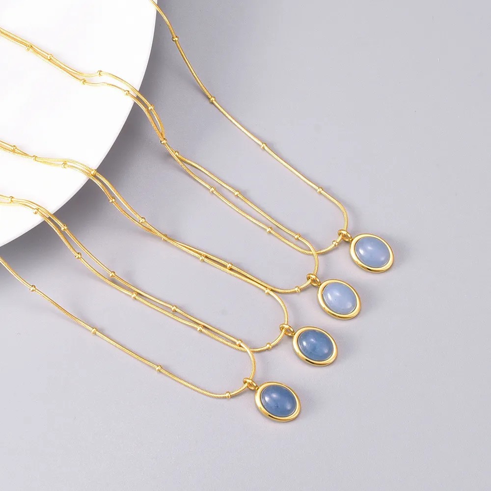 Simple Style Oval Titanium Steel Inlay Gem 18K Gold Plated Necklace_colorza_1