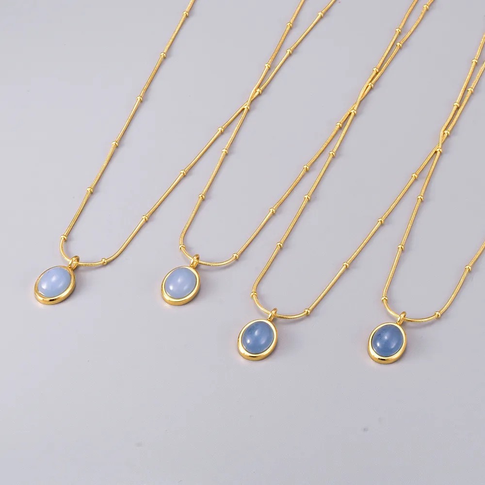 Simple Style Oval Titanium Steel Inlay Gem 18K Gold Plated Necklace_colorza_2