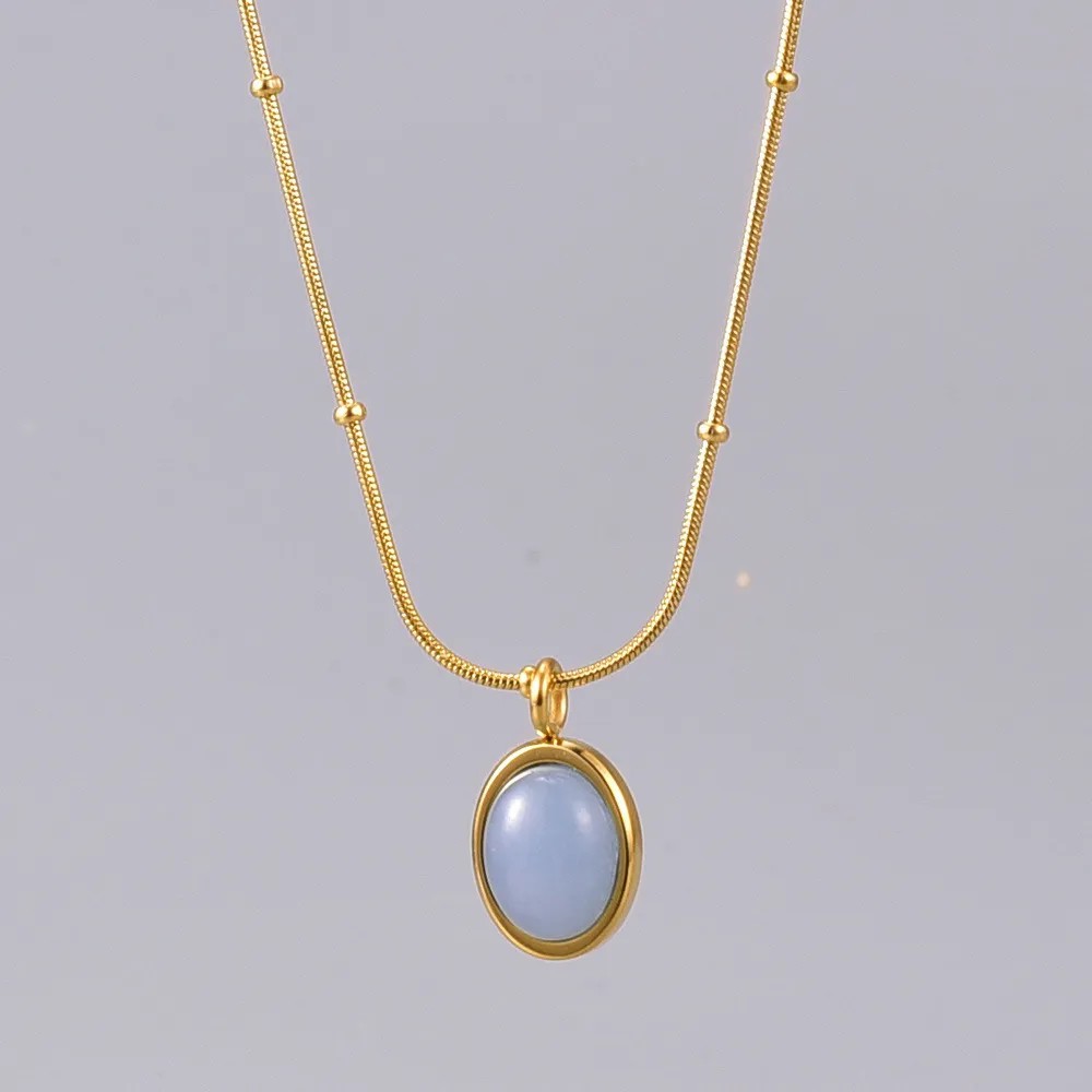 Simple Style Oval Titanium Steel Inlay Gem 18K Gold Plated Necklace_colorza_3