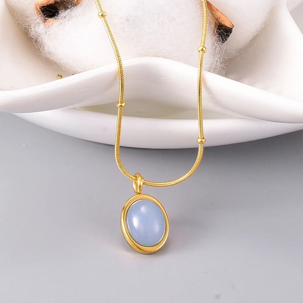 Simple Style Oval Titanium Steel Inlay Gem 18K Gold Plated Necklace_colorza_5