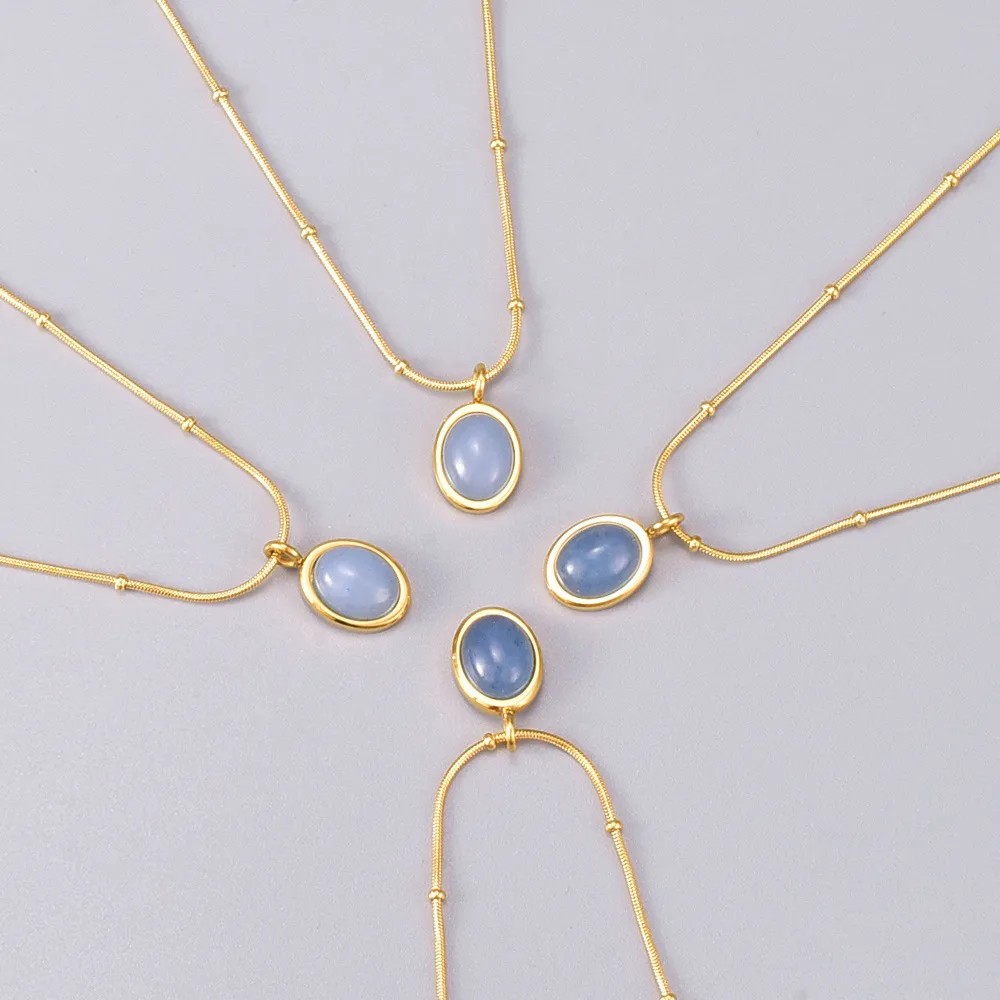 Simple Style Oval Titanium Steel Inlay Gem 18K Gold Plated Necklace_colorza_6