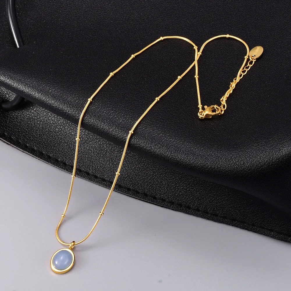 Simple Style Oval Titanium Steel Inlay Gem 18K Gold Plated Necklace_colorza_7