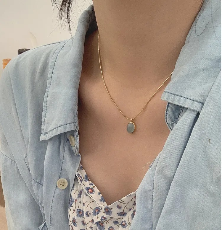 Simple Style Oval Titanium Steel Inlay Gem 18K Gold Plated Necklace_colorza_8