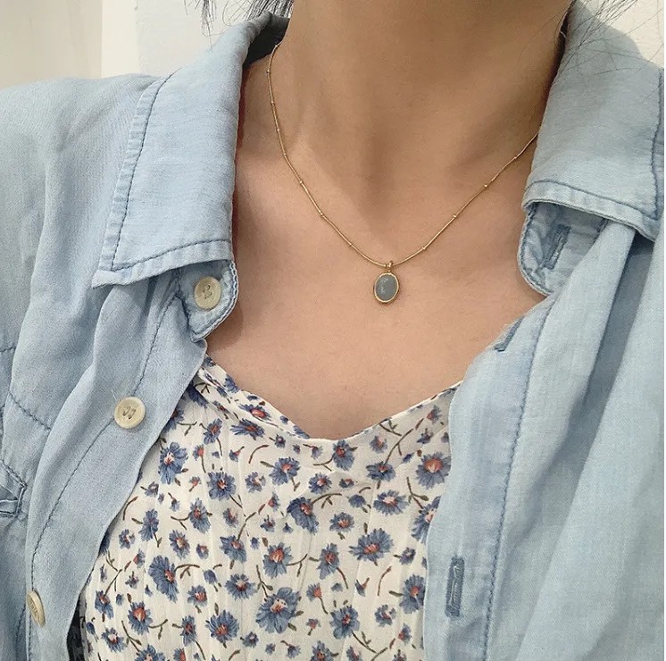 Simple Style Oval Titanium Steel Inlay Gem 18K Gold Plated Necklace_colorza_9