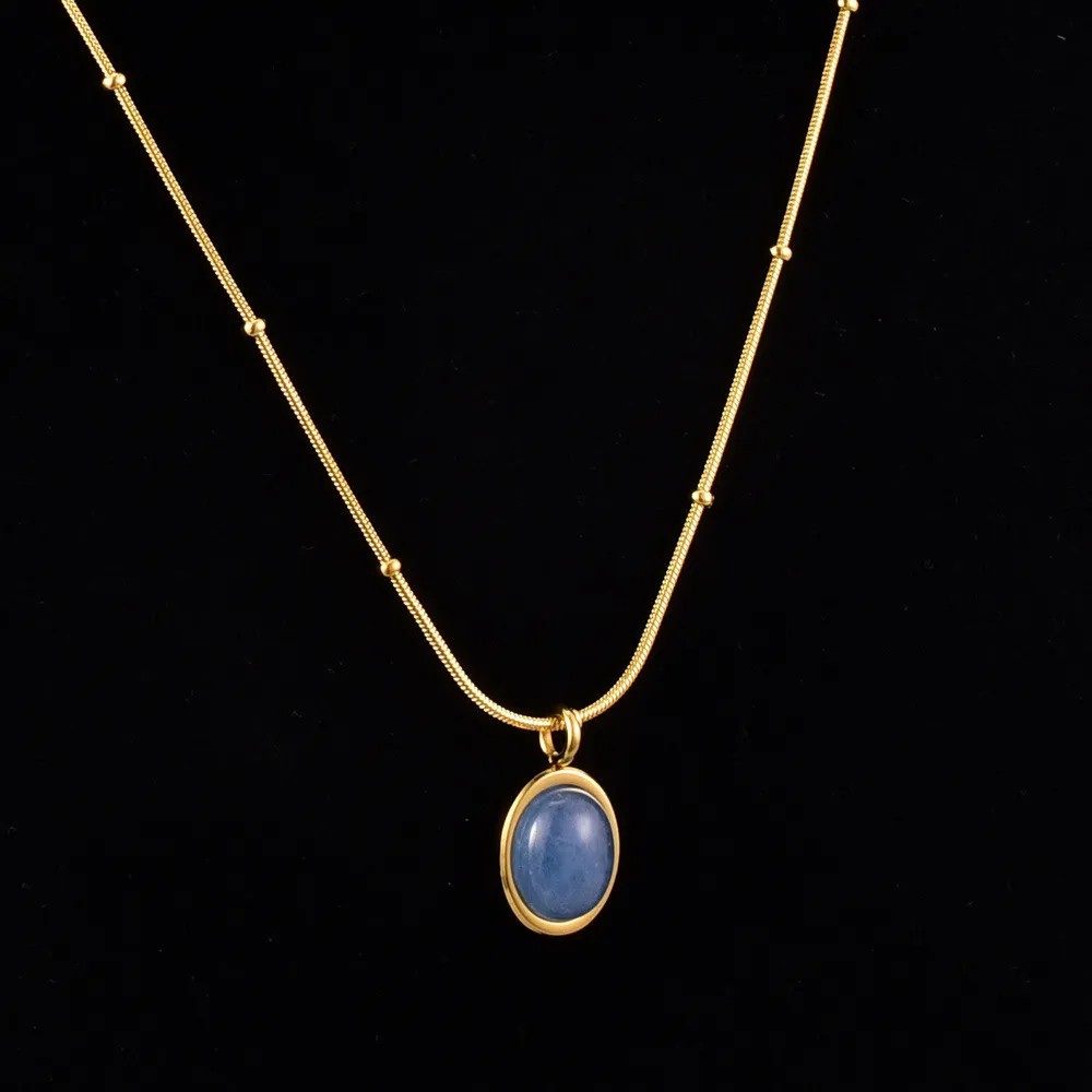 Simple Style Oval Titanium Steel Inlay Gem 18K Gold Plated Necklace_colorza_10