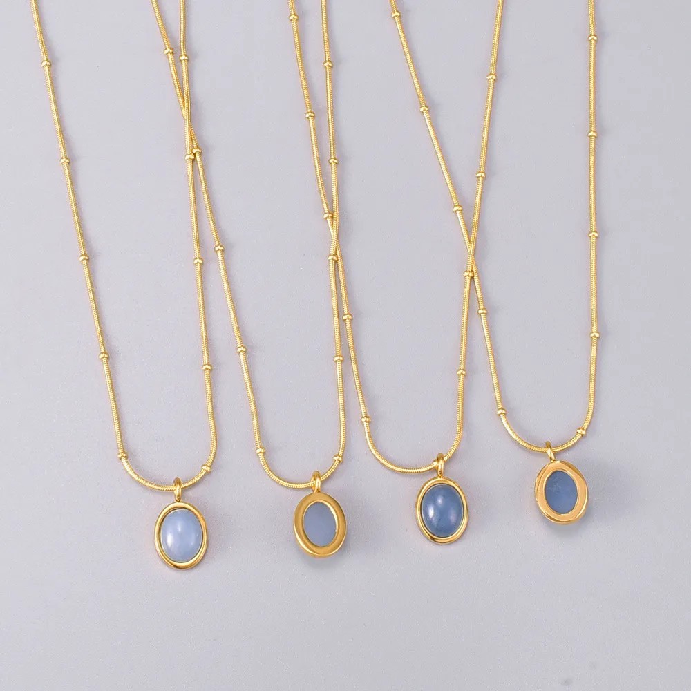 Simple Style Oval Titanium Steel Inlay Gem 18K Gold Plated Necklace_colorza_11