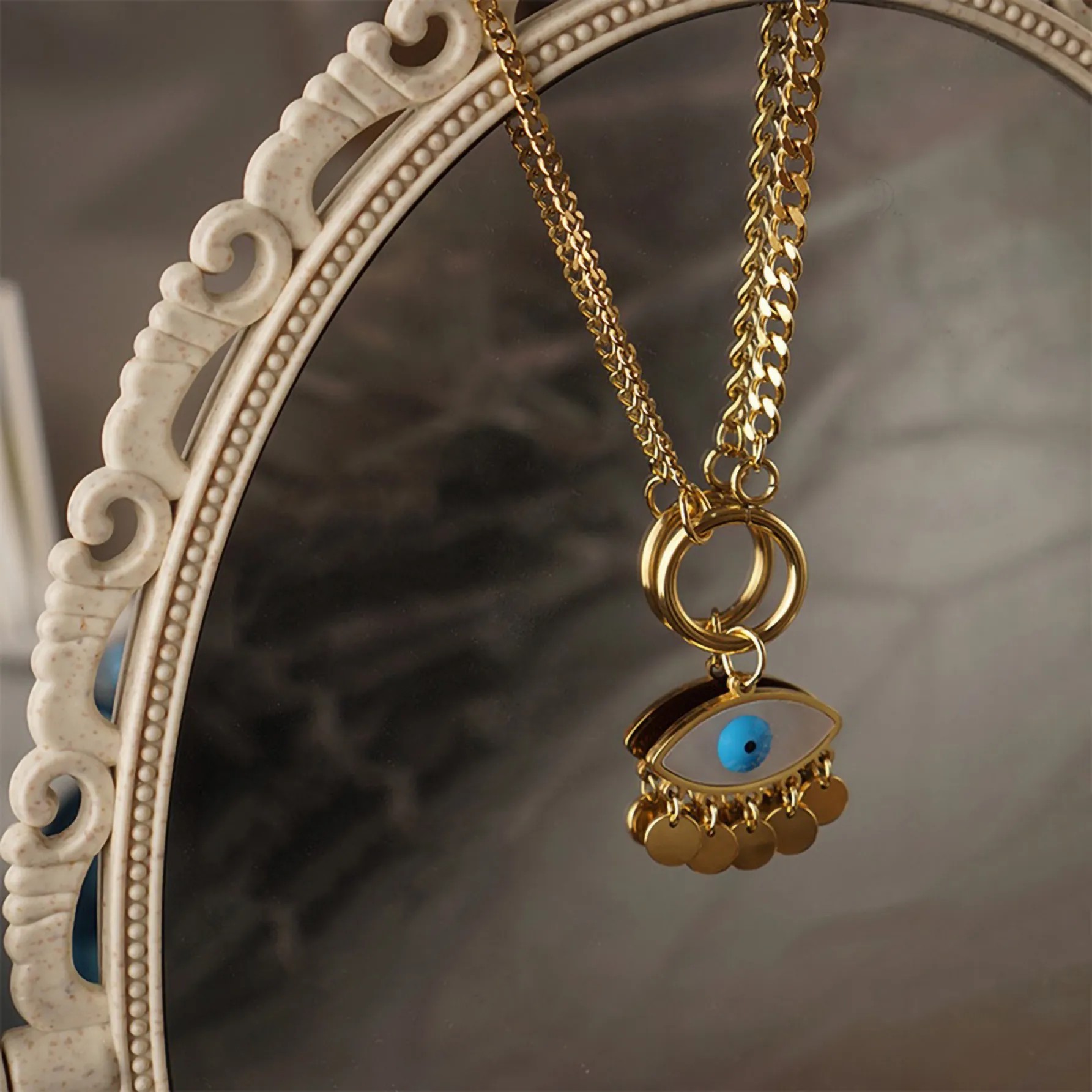 Hip-Hop Vintage Style Devil'S Eye Titanium Steel Plating Inlay Shell 18K Gold Plated Pendant Necklace_colorza_2