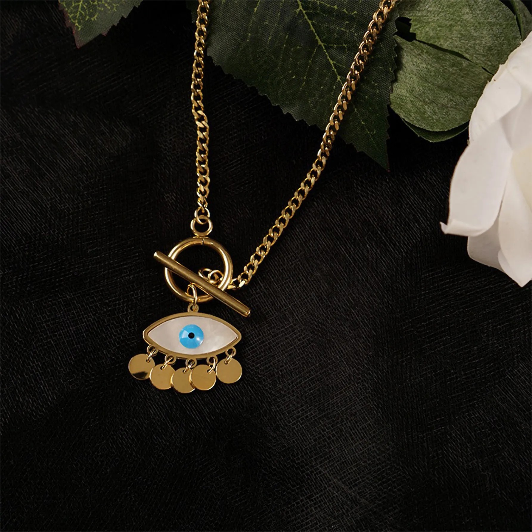 Hip-Hop Vintage Style Devil'S Eye Titanium Steel Plating Inlay Shell 18K Gold Plated Pendant Necklace_colorza_4
