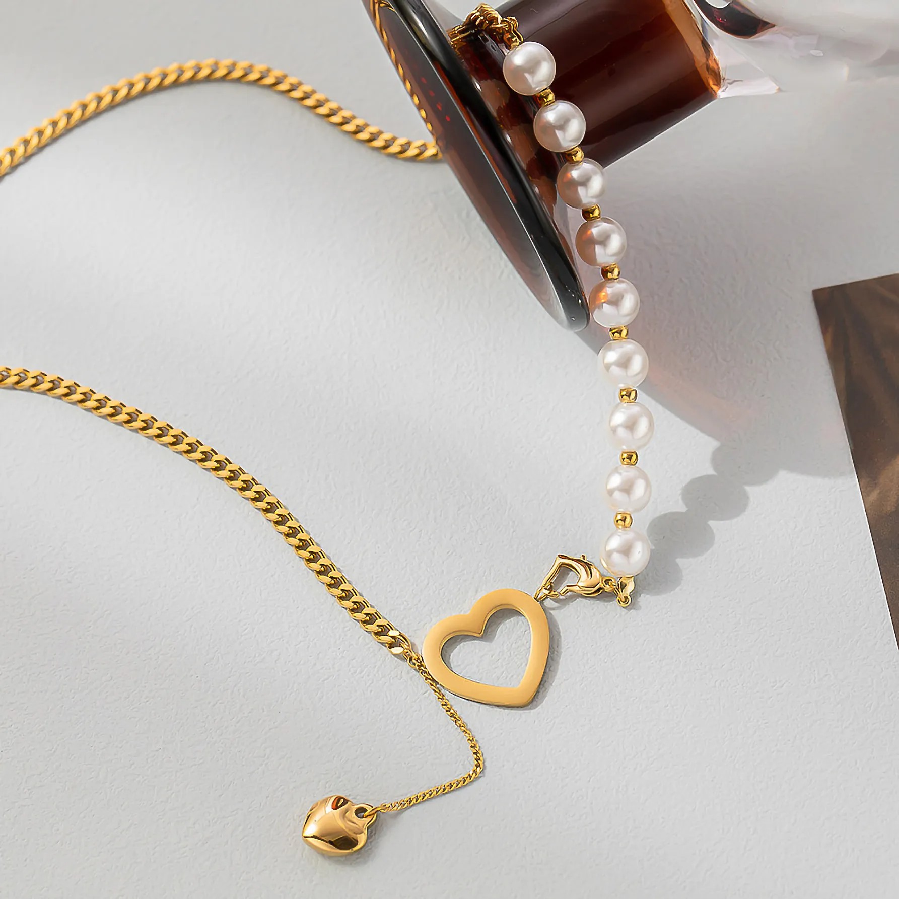 Elegant Heart Shape Imitation Pearl Titanium Steel Plating 18K Gold Plated Pendant Necklace_colorza_2