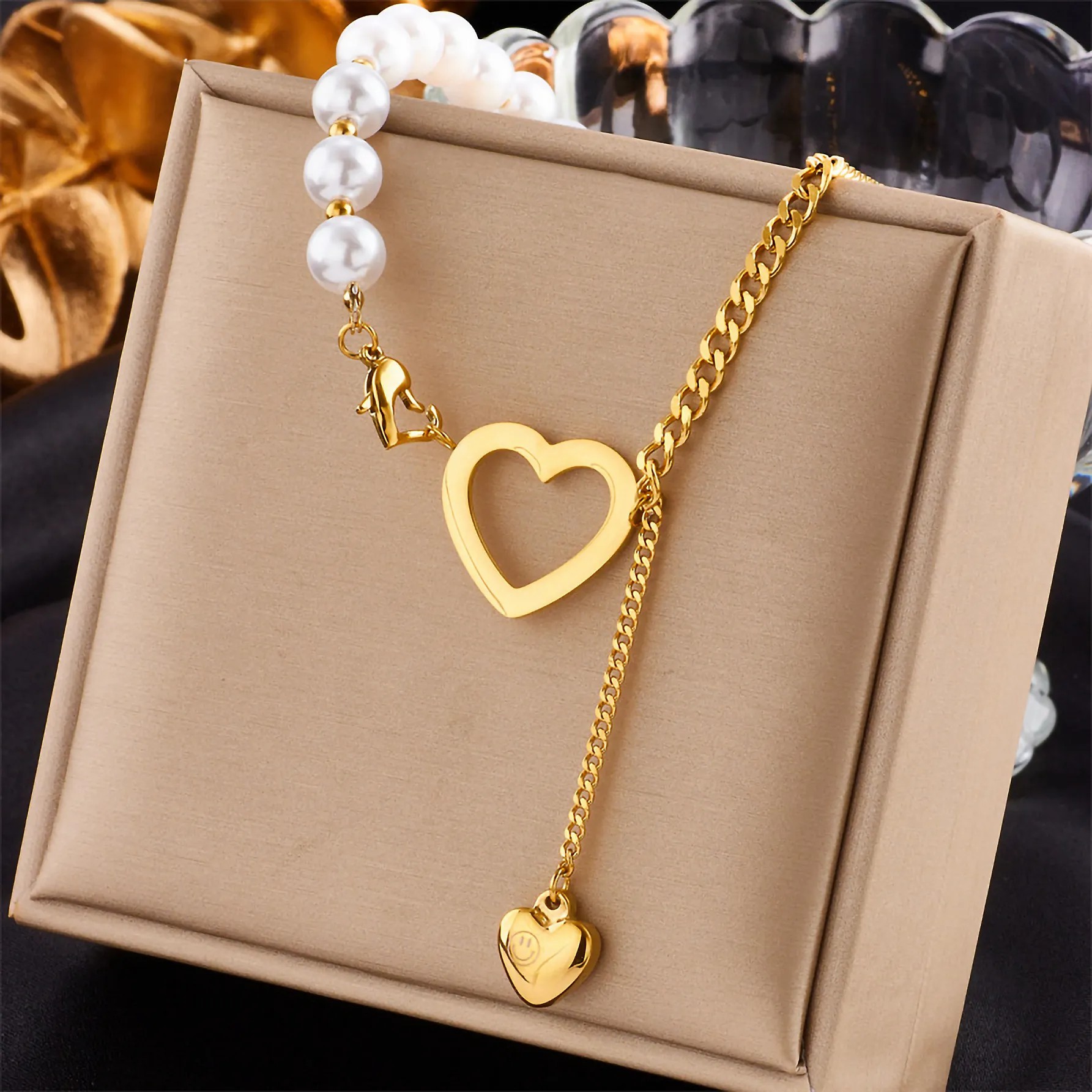 Elegant Heart Shape Imitation Pearl Titanium Steel Plating 18K Gold Plated Pendant Necklace_colorza_4