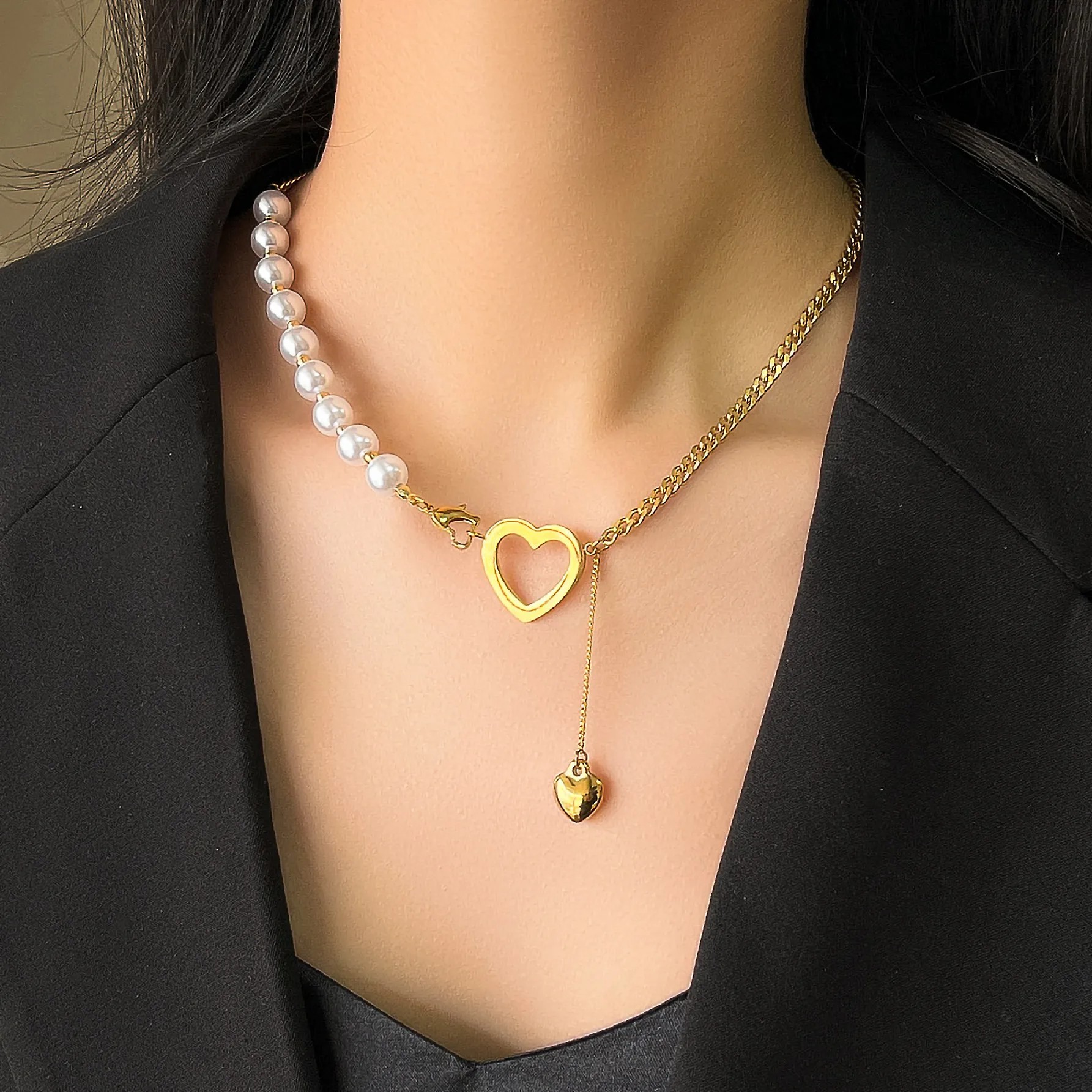 Elegant Heart Shape Imitation Pearl Titanium Steel Plating 18K Gold Plated Pendant Necklace_colorza_5