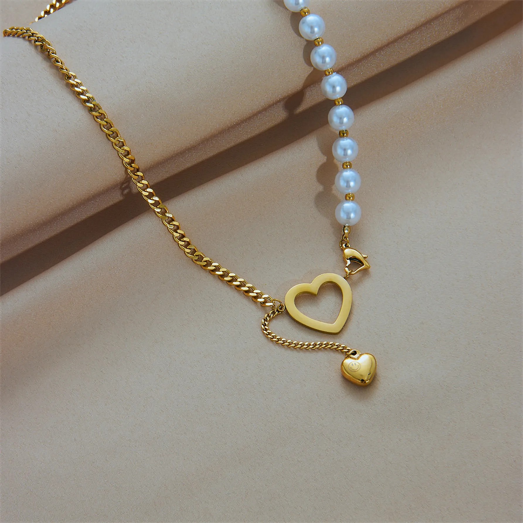 Elegant Heart Shape Imitation Pearl Titanium Steel Plating 18K Gold Plated Pendant Necklace_colorza_6
