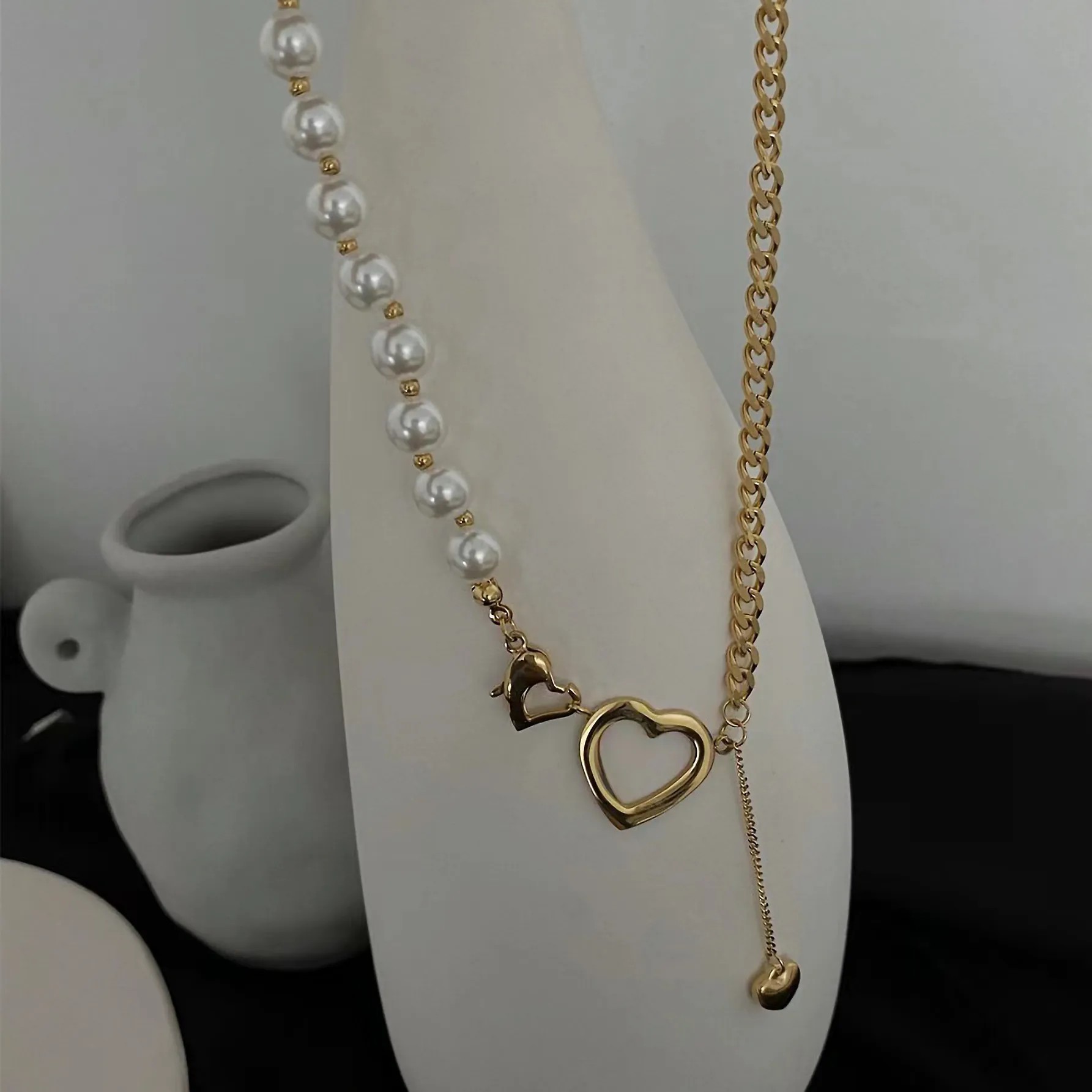 Elegant Heart Shape Imitation Pearl Titanium Steel Plating 18K Gold Plated Pendant Necklace_colorza_7