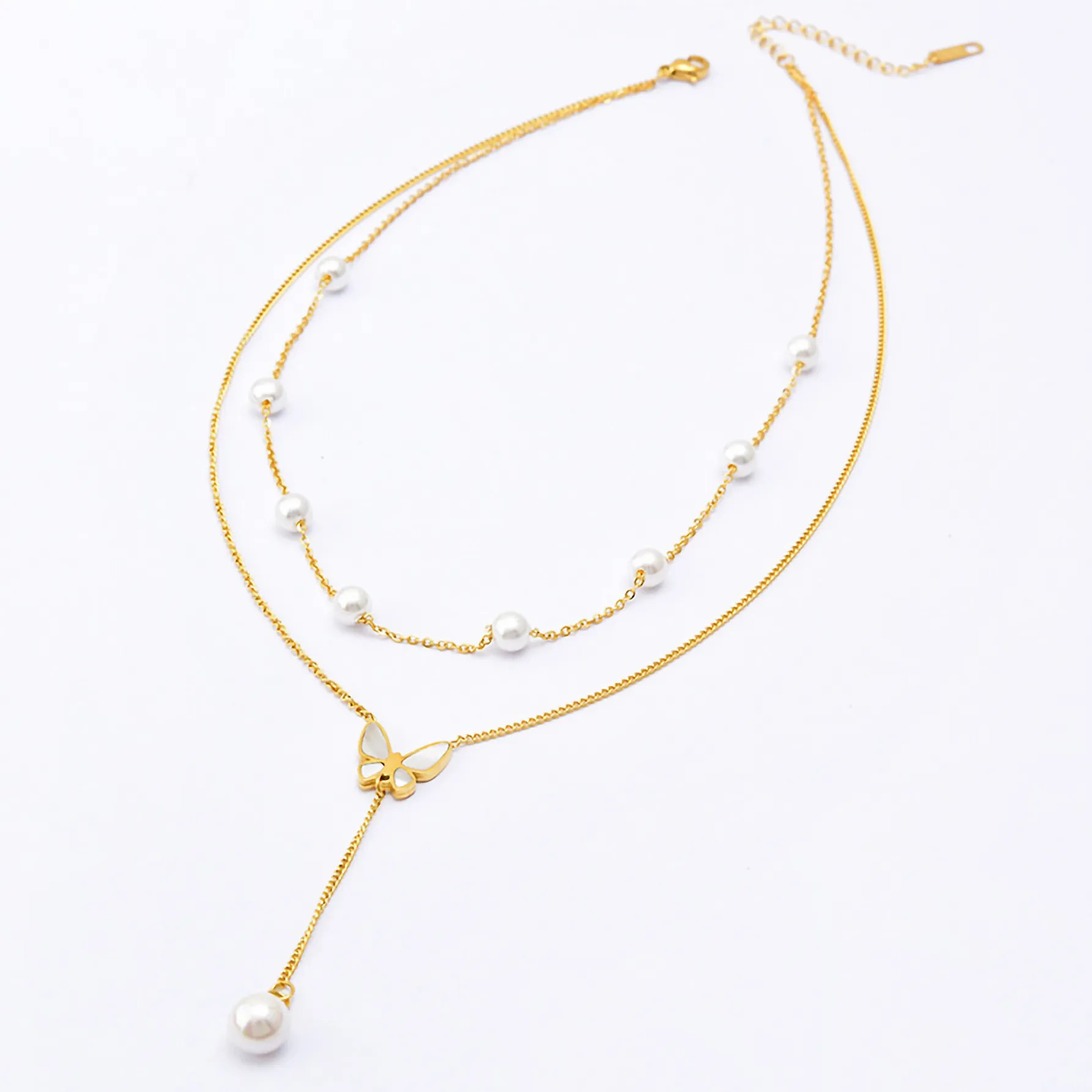Elegant Sexy Butterfly Titanium Steel Plating Inlay Artificial Pearls Shell 18K Gold Plated Layered Necklaces_colorza_2