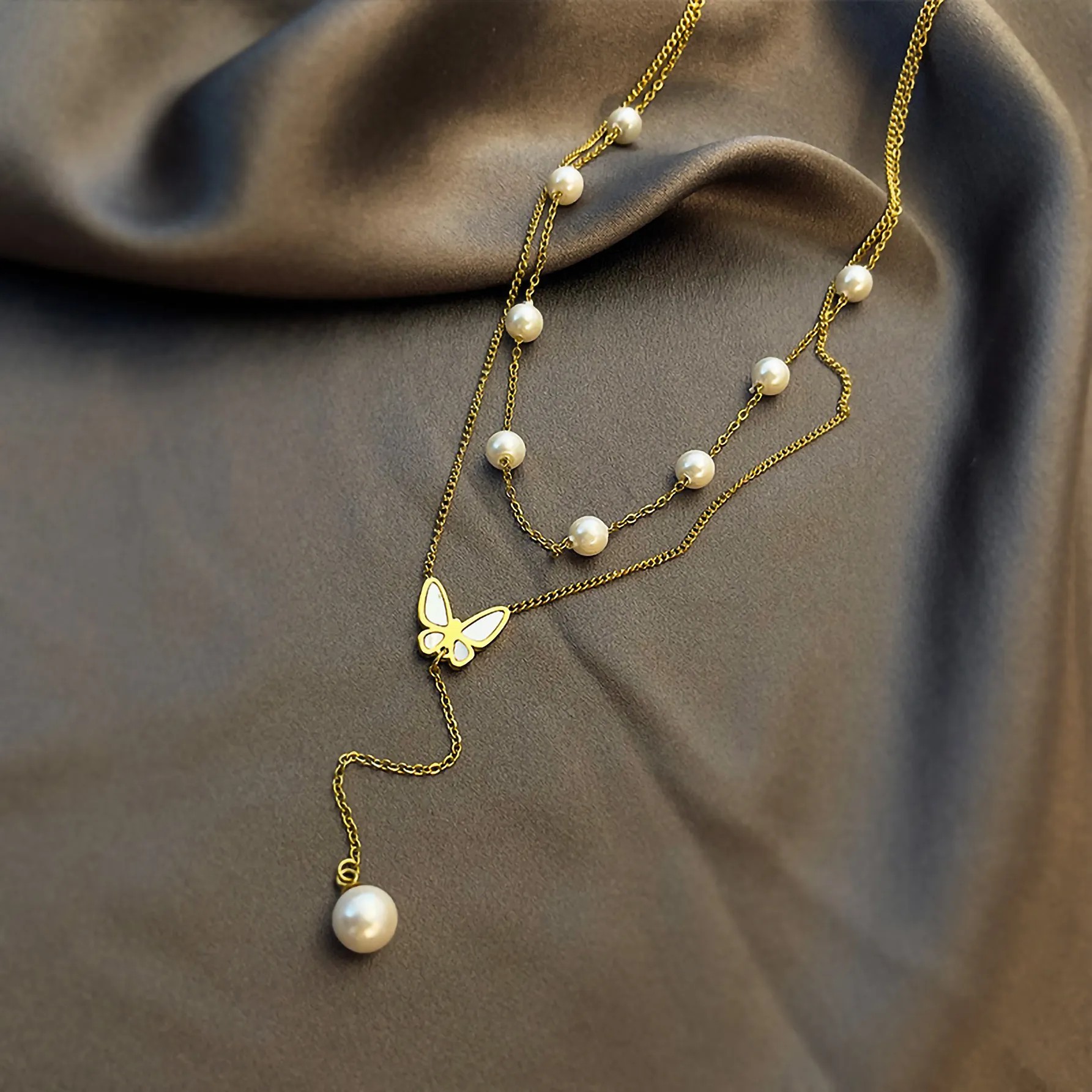 Elegant Sexy Butterfly Titanium Steel Plating Inlay Artificial Pearls Shell 18K Gold Plated Layered Necklaces_colorza_3