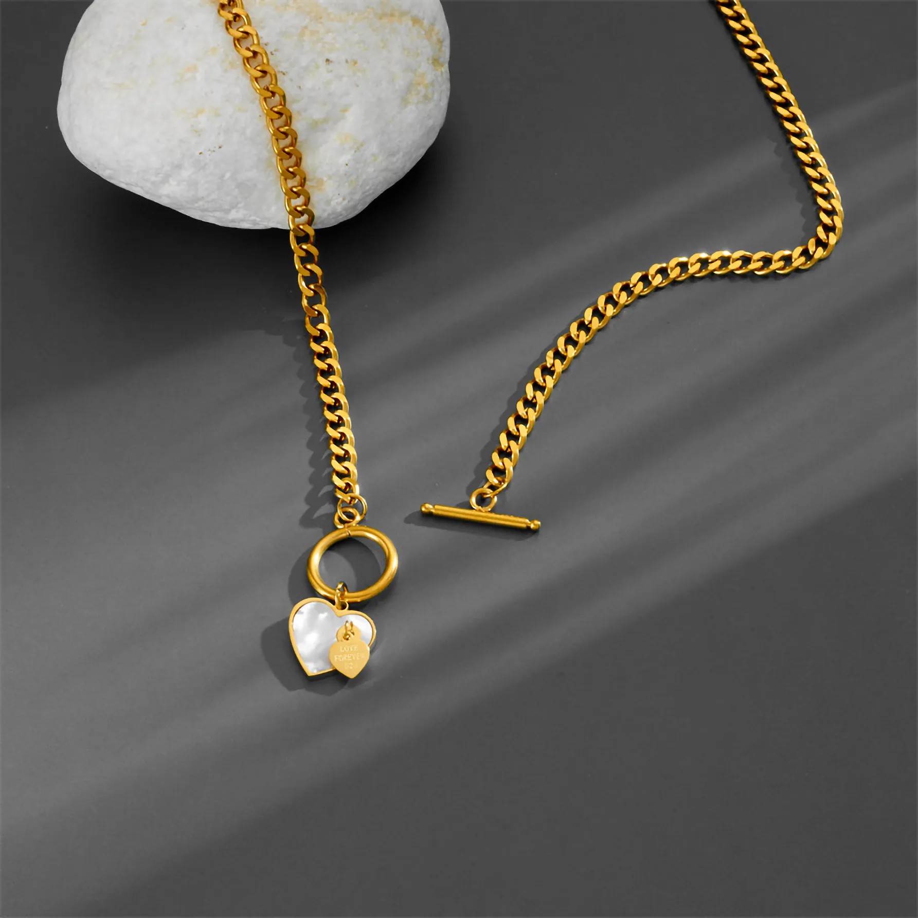 Hip-Hop Punk Heart Shape Titanium Steel Plating Inlay Shell 18K Gold Plated Pendant Necklace_colorza_5