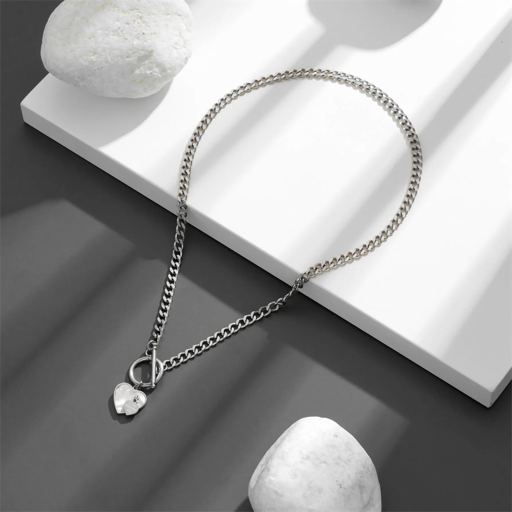 Hip-Hop Punk Heart Shape Titanium Steel Plating Inlay Shell 18K Gold Plated Pendant Necklace_colorza_7