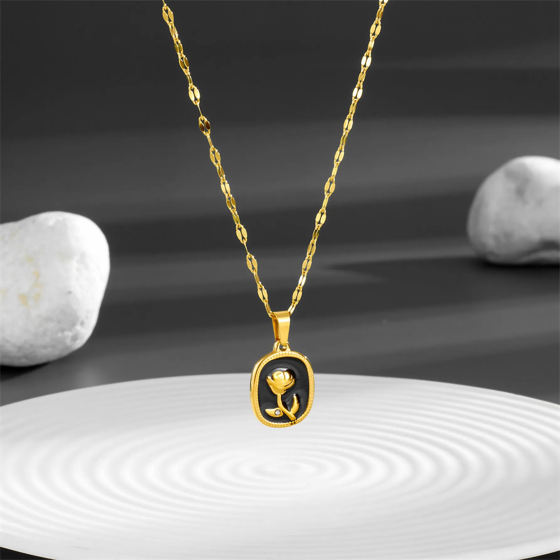Hip-Hop Vintage Style Flower Titanium Steel Enamel Plating Inlay Zircon 18K Gold Plated Pendant Necklace_colorza_2