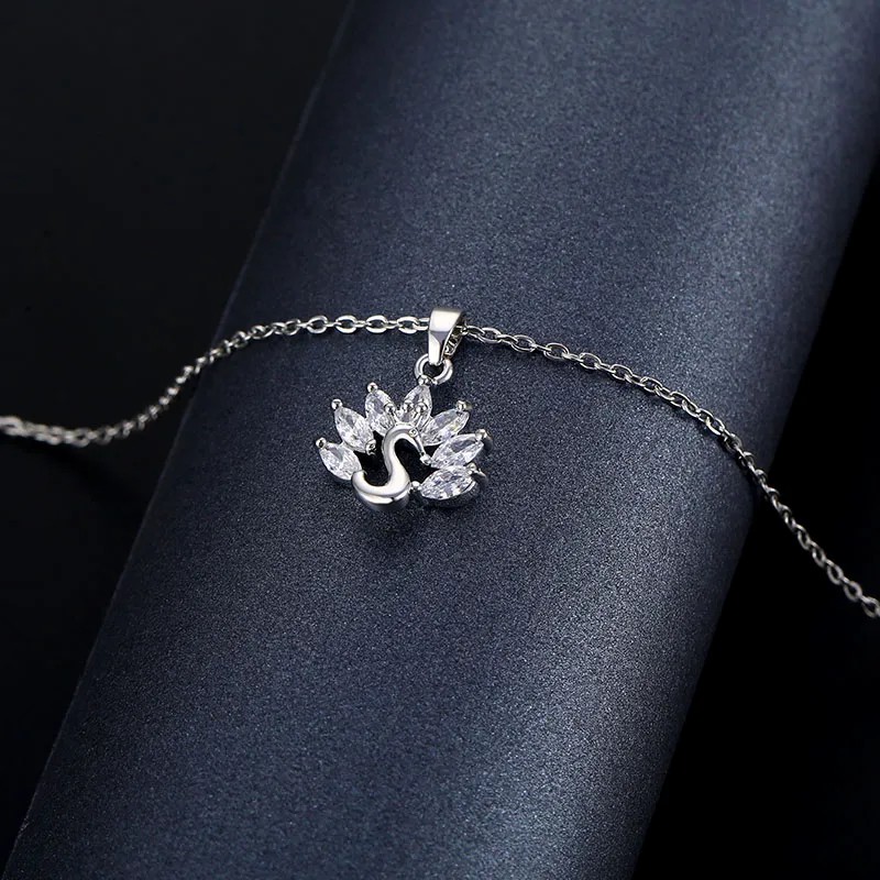 Elegant Animal Peacock Stainless Steel Inlay Zircon Platinum Plated Necklace_colorza_2