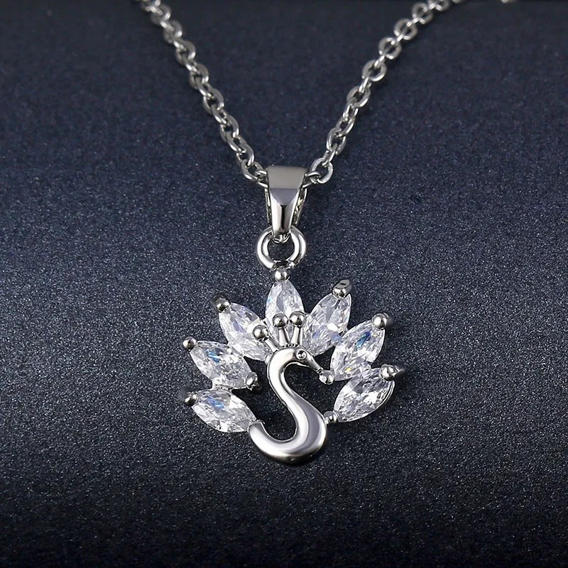 Elegant Animal Peacock Stainless Steel Inlay Zircon Platinum Plated Necklace_colorza_3