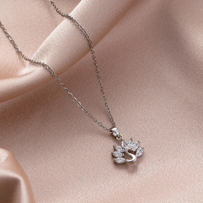 Elegant Animal Peacock Stainless Steel Inlay Zircon Platinum Plated Necklace_colorza_4