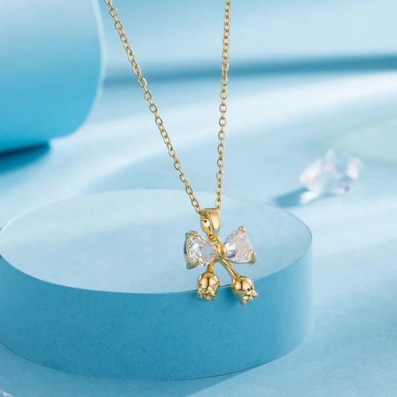 Modern Style Animal Water Droplets Flower Stainless Steel Inlay Zircon Gold Plated Pendant Necklace_colorza_2