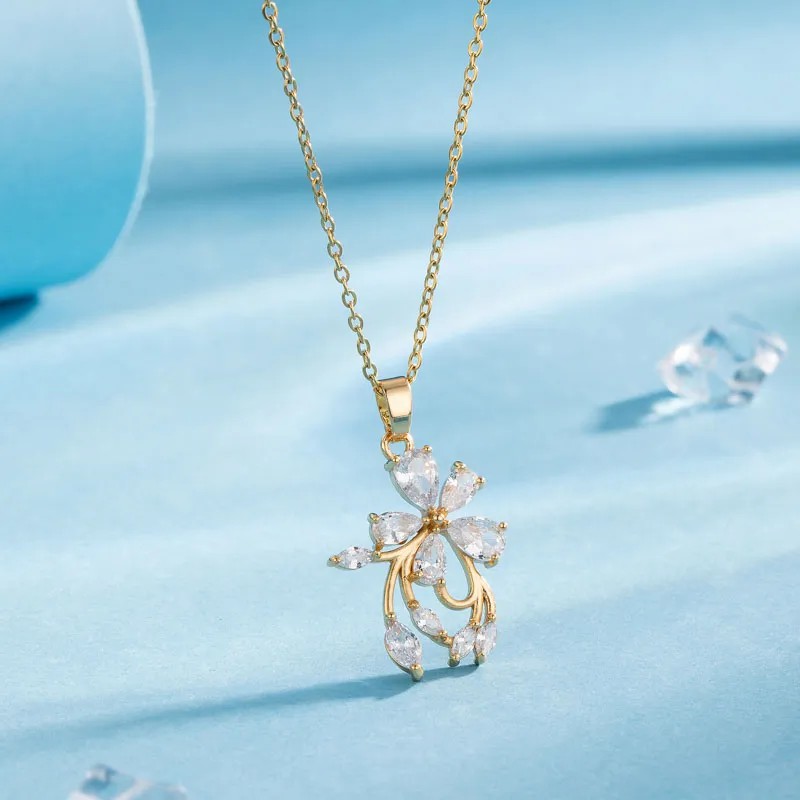 Modern Style Animal Water Droplets Flower Stainless Steel Inlay Zircon Gold Plated Pendant Necklace_colorza_3