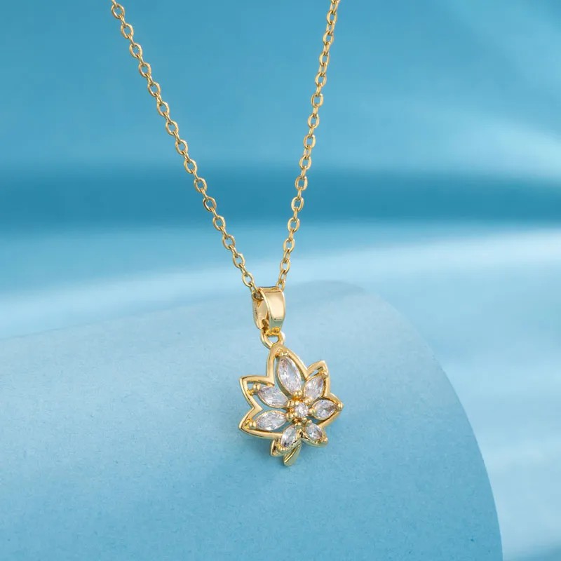 Modern Style Animal Water Droplets Flower Stainless Steel Inlay Zircon Gold Plated Pendant Necklace_colorza_8