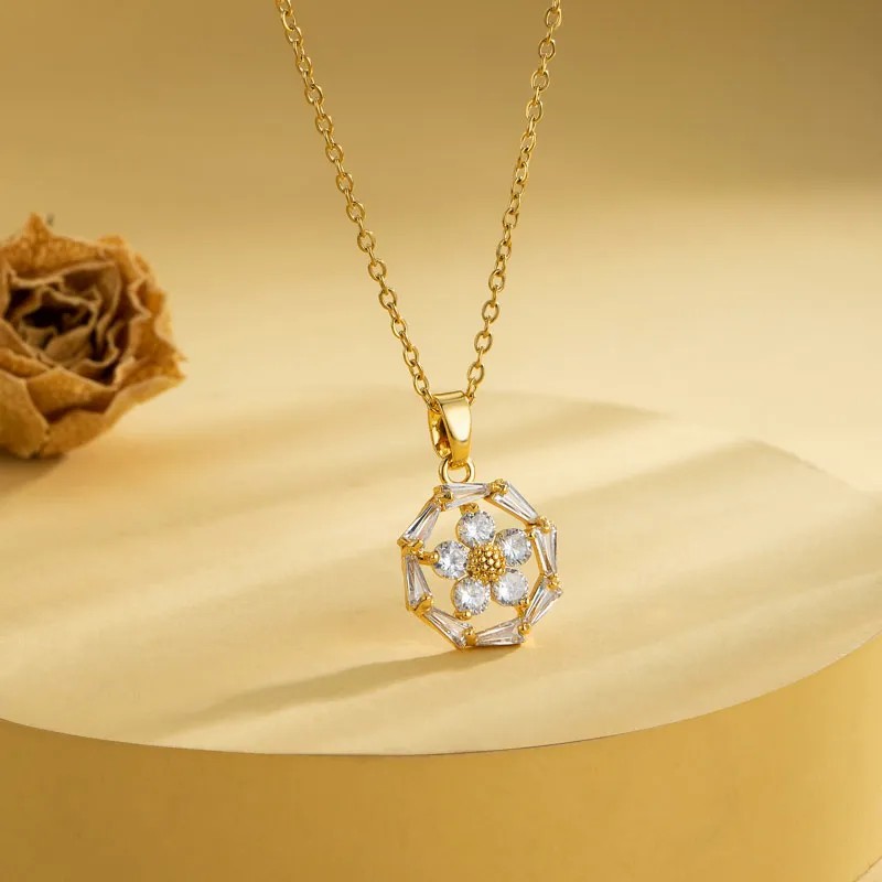 Casual Elegant Cross Heart Shape Flower Stainless Steel Titanium Steel Plating Inlay Zircon 18K Gold Plated Gold Plated Pendant Necklace_colorza_5