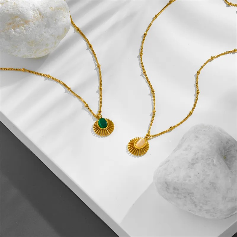 Casual Retro Round Titanium Steel Plating Inlay Malachite 18K Gold Plated Pendant Necklace_colorza_1