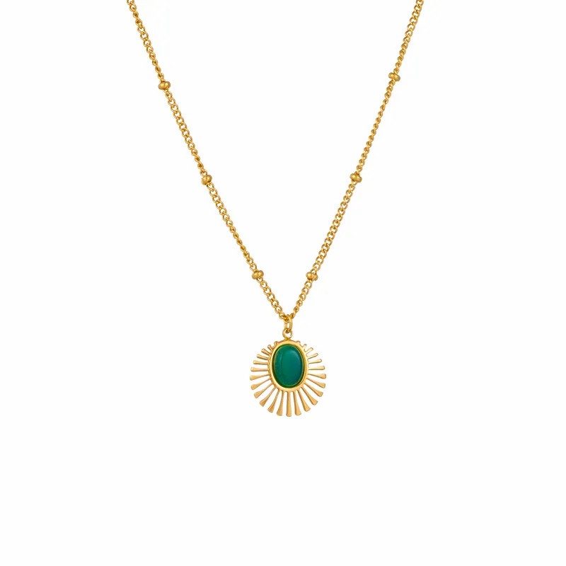 Casual Retro Round Titanium Steel Plating Inlay Malachite 18K Gold Plated Pendant Necklace_colorza_5