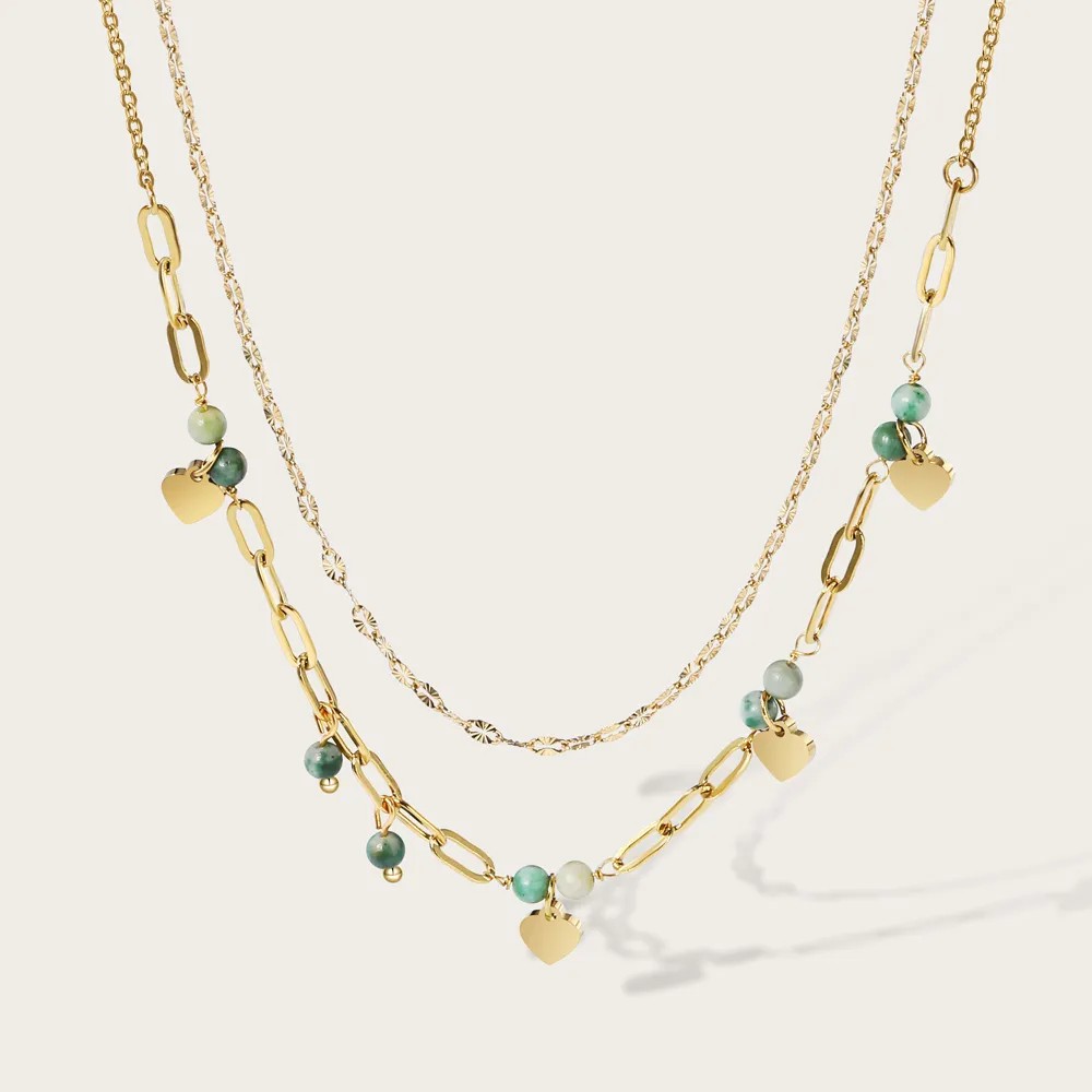 Vintage Style Heart Shape Arylic Titanium Steel Plating 14K Gold Plated Layered Necklaces_colorza_2