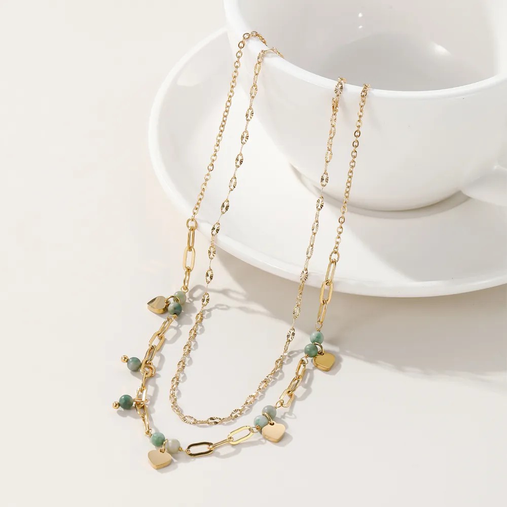 Vintage Style Heart Shape Arylic Titanium Steel Plating 14K Gold Plated Layered Necklaces_colorza_3