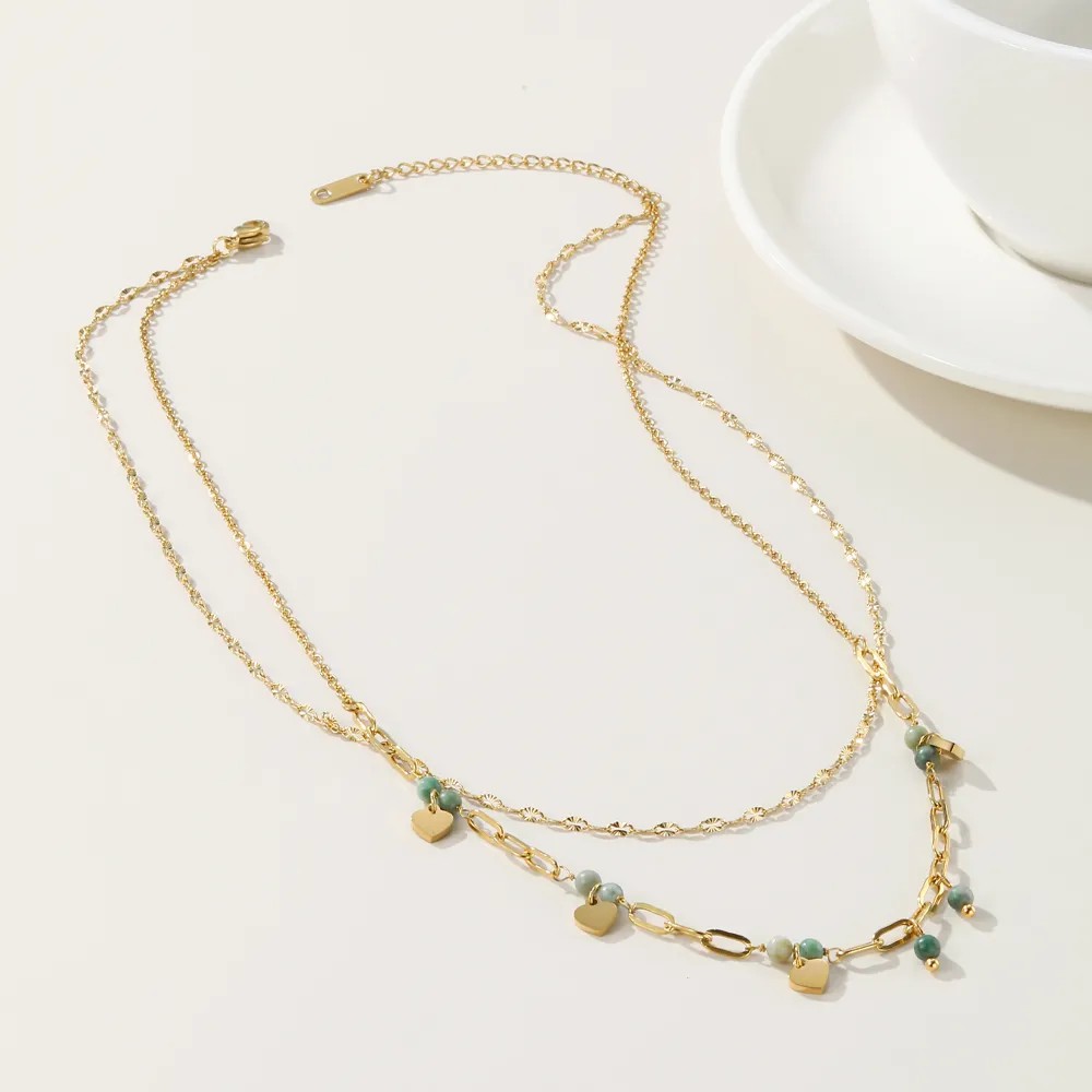 Vintage Style Heart Shape Arylic Titanium Steel Plating 14K Gold Plated Layered Necklaces_colorza_4