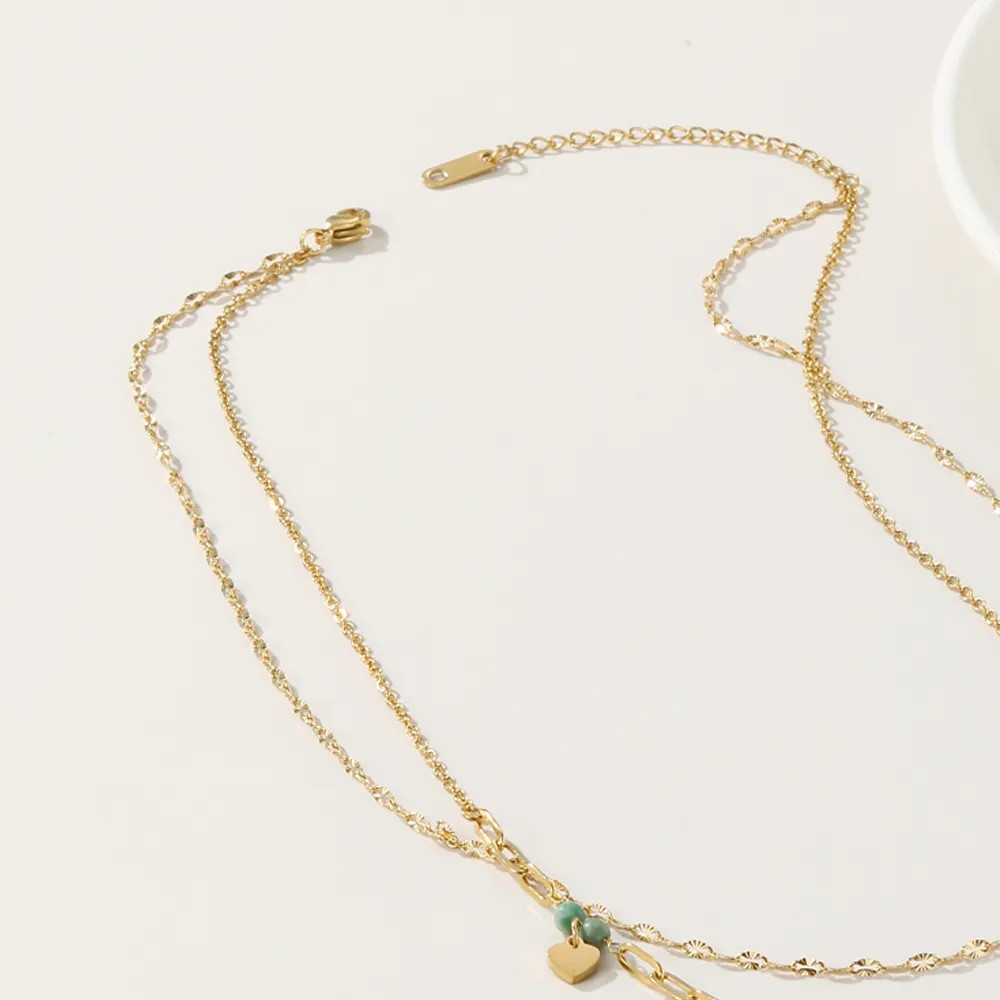 Vintage Style Heart Shape Arylic Titanium Steel Plating 14K Gold Plated Layered Necklaces_colorza_5