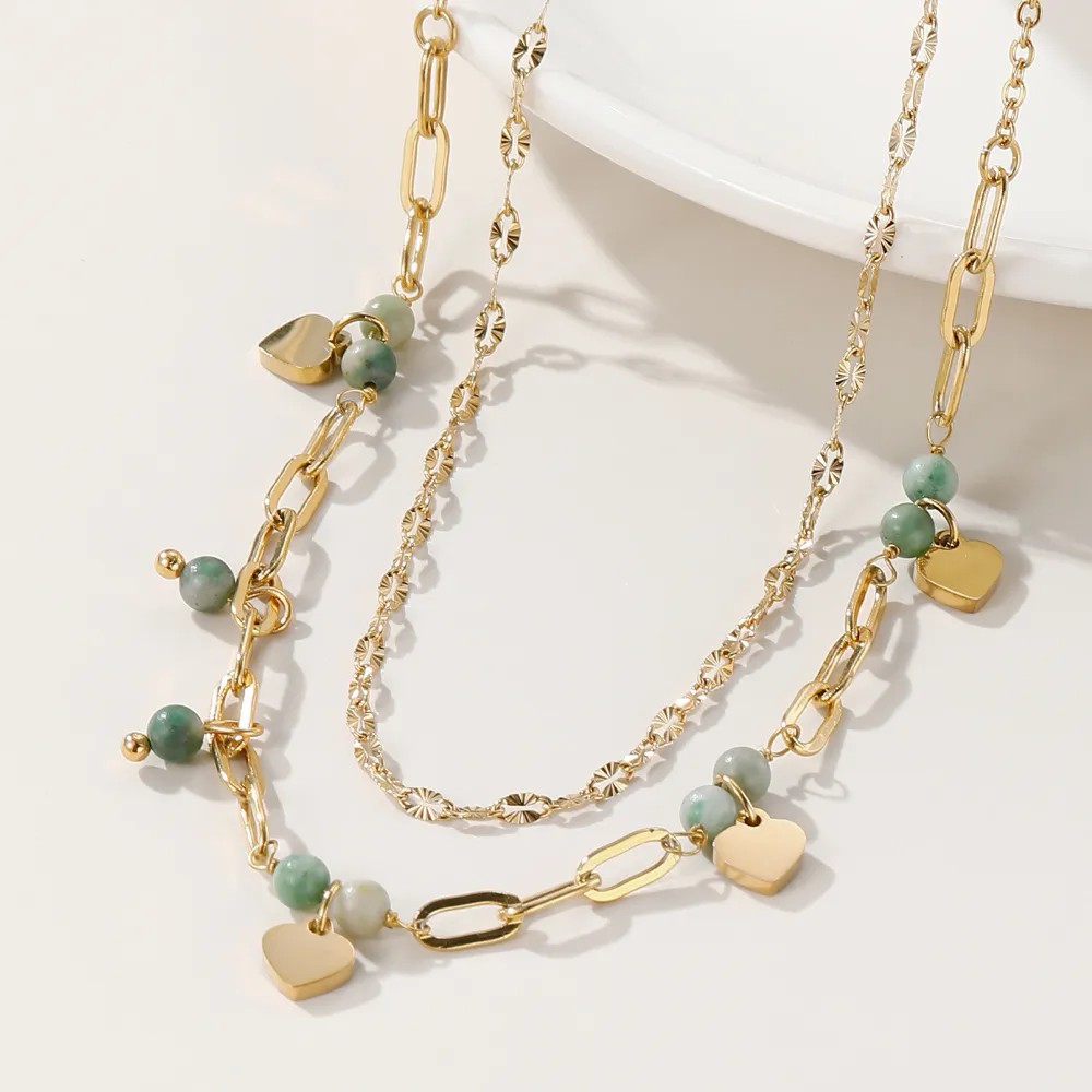 Vintage Style Heart Shape Arylic Titanium Steel Plating 14K Gold Plated Layered Necklaces_colorza_6