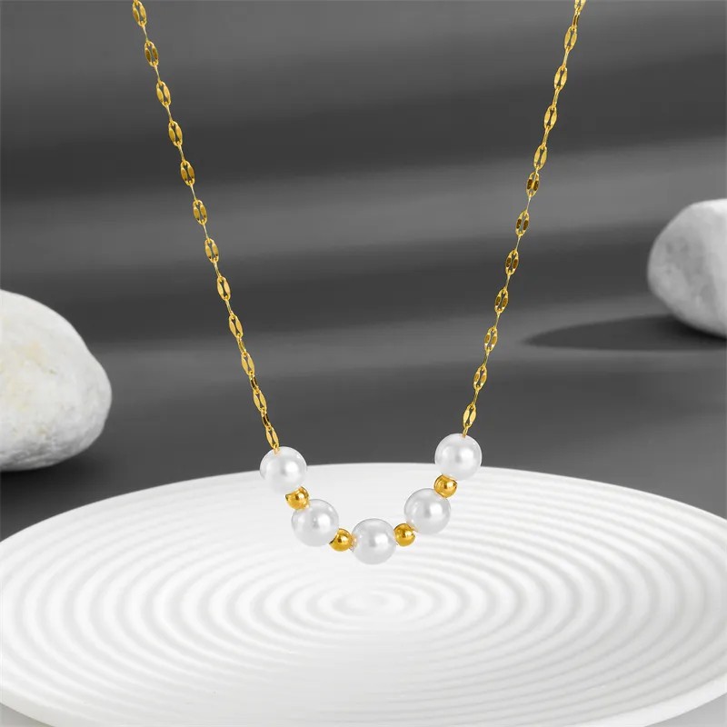 Simple Style Round Titanium Steel Beaded Pearl Plating 18K Gold Plated Necklace_colorza_1