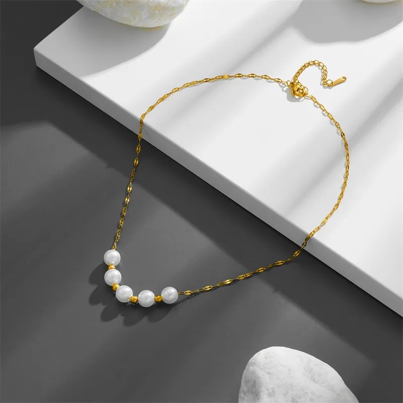 Simple Style Round Titanium Steel Beaded Pearl Plating 18K Gold Plated Necklace_colorza_2